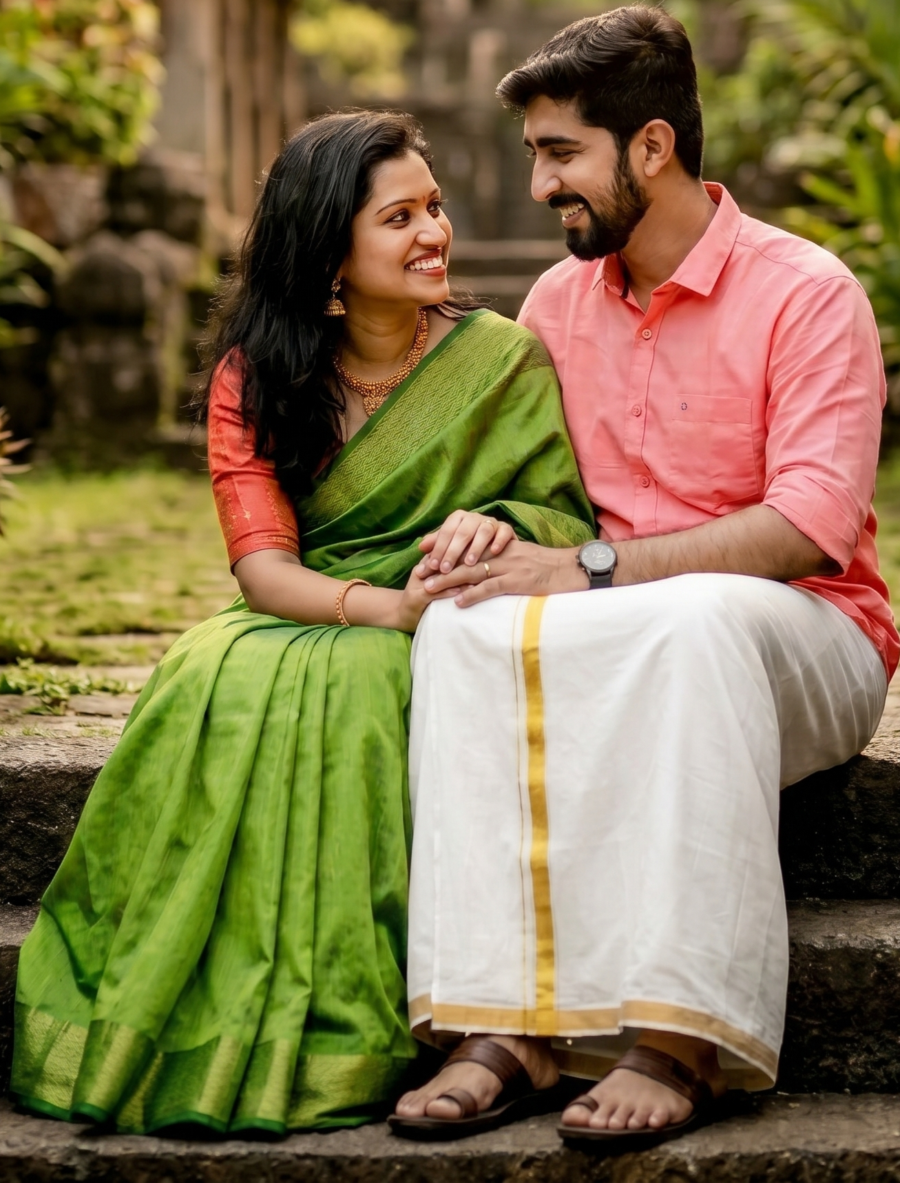 A happily matched couple in traditional Indian attire